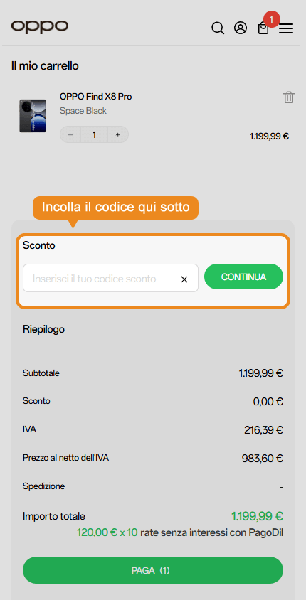 Dove inserire il codice sconto Oppo