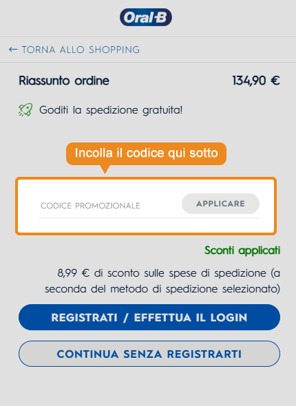 Dove inserire il codice sconto Oral B