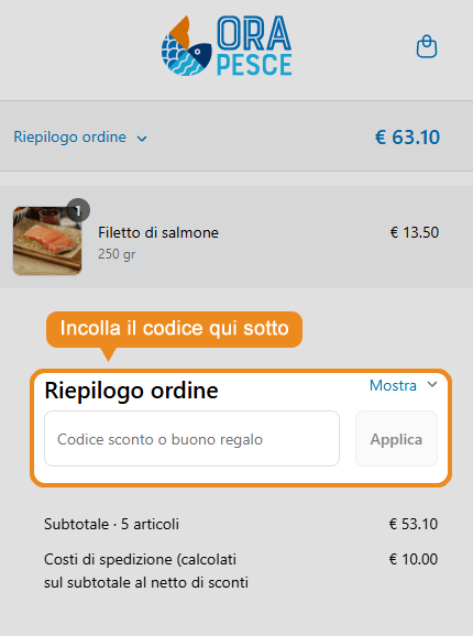Dove inserire il codice sconto Orapesce
