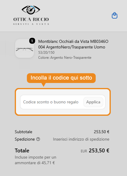 Dove inserire il codice sconto Ottica Riccio