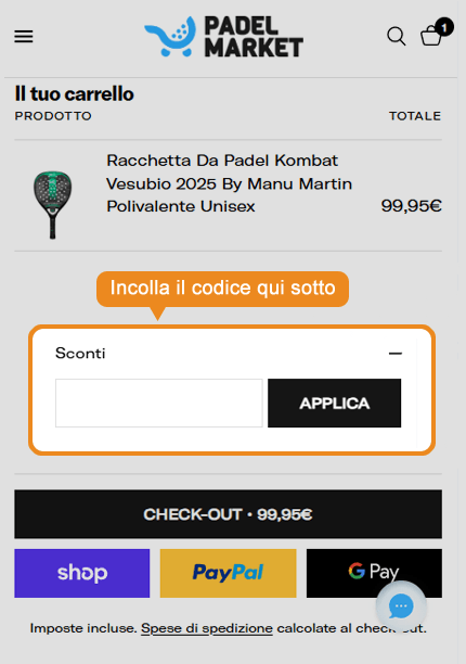 Dove inserire il codice sconto Padel Market
