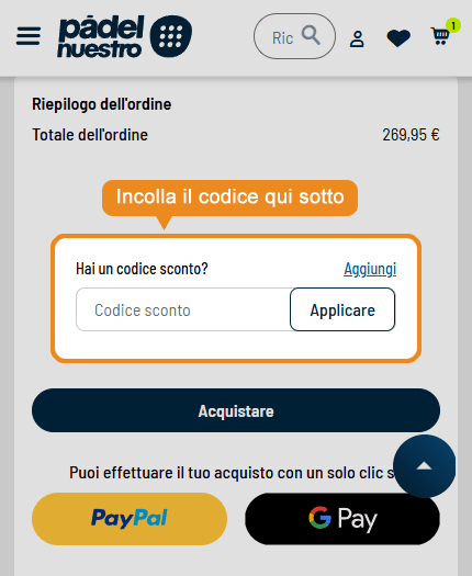 Dove inserire il codice sconto Padel Nuestro