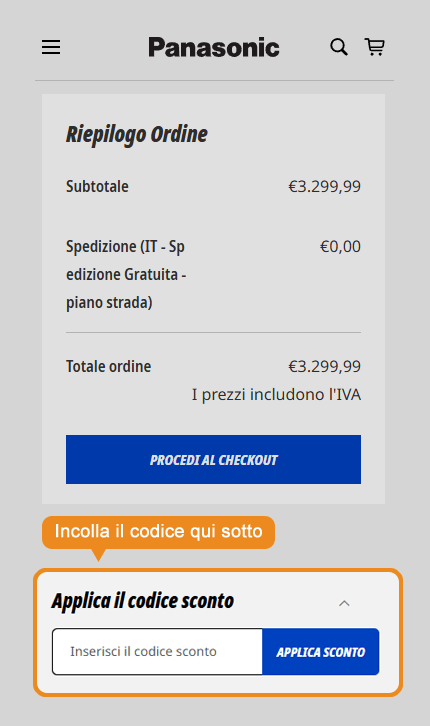 Dove inserire il codice sconto Panasonic