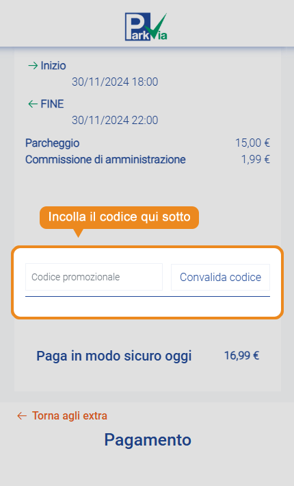 Dove inserire il codice sconto ParkVia
