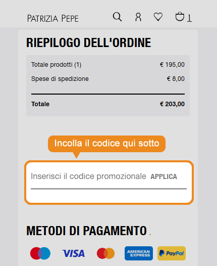 Dove inserire il codice sconto Patrizia Pepe