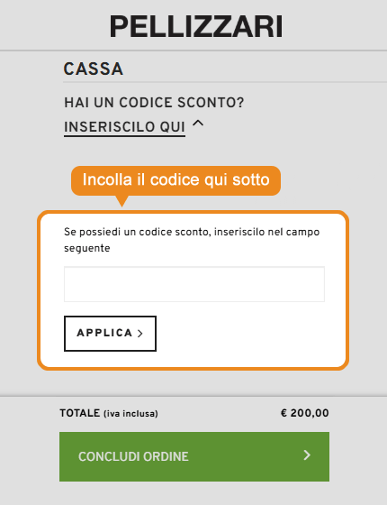 Dove inserire il codice sconto Pellizzari
