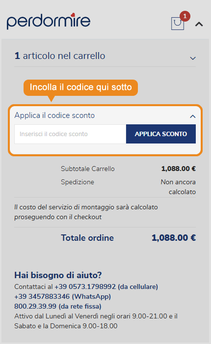 Dove inserire il codice sconto Perdormire