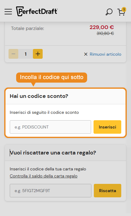 Dove inserire il codice sconto Perfect Draft
