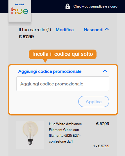 Dove inserire il codice sconto Philips Hue