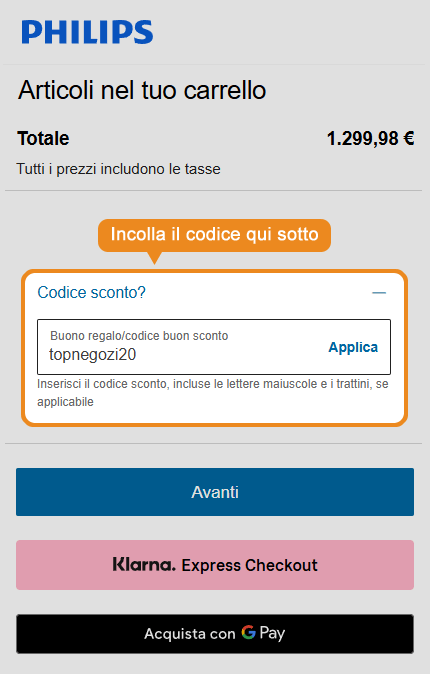 Dove inserire il codice sconto Philips