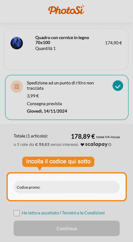 Dove inserire il codice sconto PhotoSì