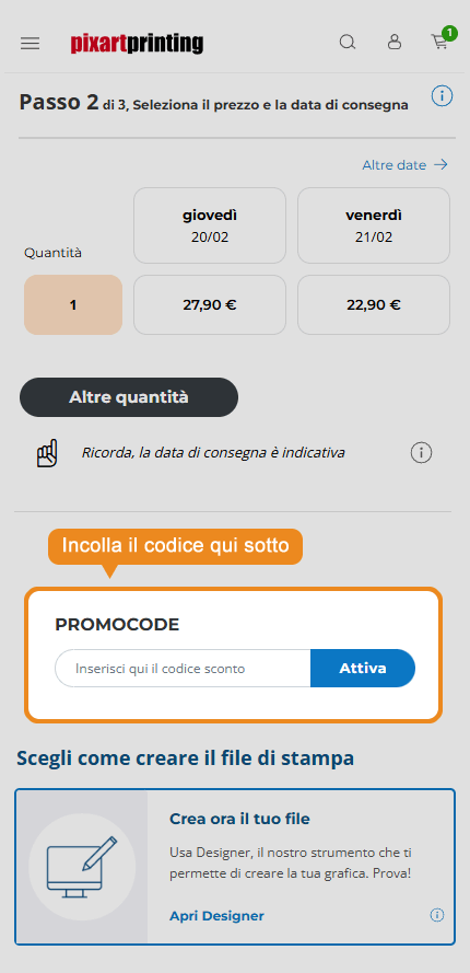 Dove inserire il codice sconto Pixartprinting