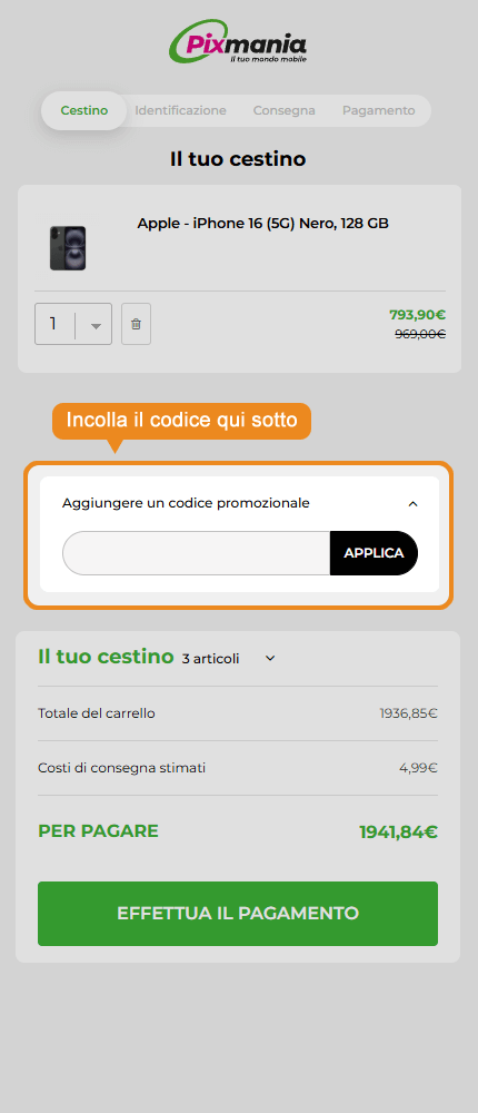 Dove inserire il codice sconto Pixmania