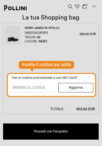 Dove inserire il codice sconto Pollini