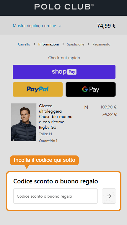 Dove inserire il codice sconto Polo Club