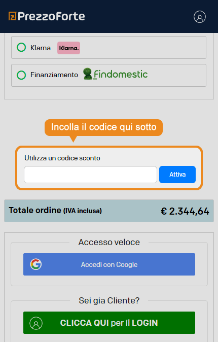 Dove inserire il codice sconto Prezzoforte