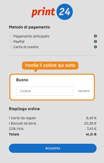 Dove inserire il codice sconto Print24