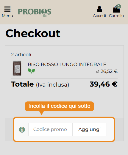 Dove inserire il codice sconto Probios