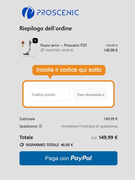 Dove inserire il codice sconto Proscenic