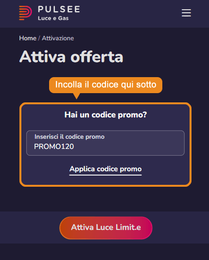 Dove inserire il codice sconto Pulsee