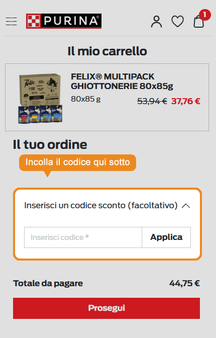 Dove inserire il codice sconto Purina