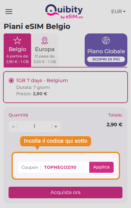 Dove inserire il codice sconto Quibity