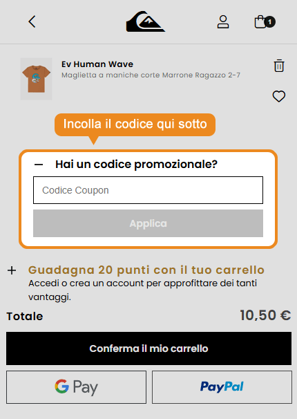 Dove inserire il codice sconto Quiksilver