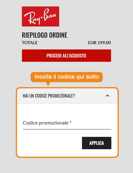 Dove inserire il codice sconto Ray-Ban