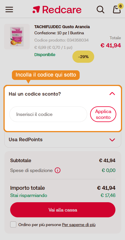 Dove inserire il codice sconto RedCare