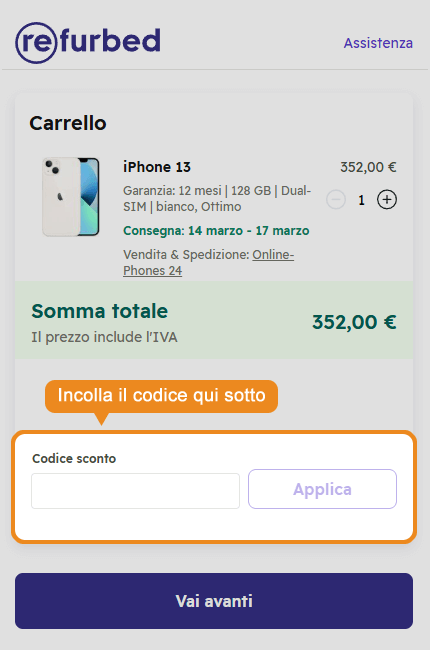 Dove inserire il codice sconto Refurbed