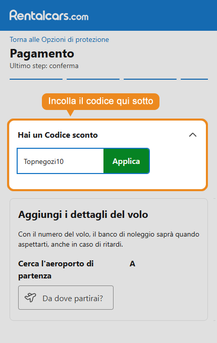 Dove inserire il codice sconto Rentalcars
