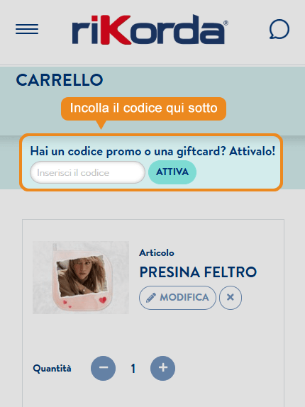 Dove inserire il codice sconto Rikorda