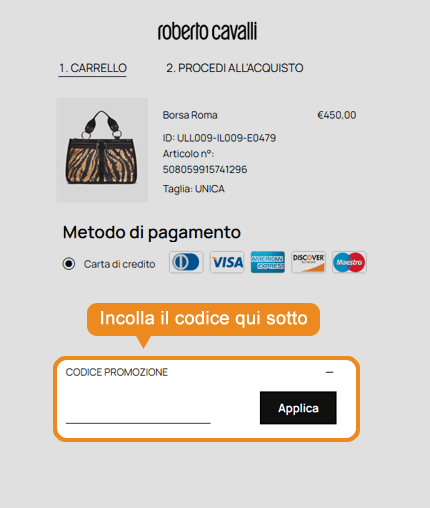 Dove inserire il codice sconto Roberto Cavalli