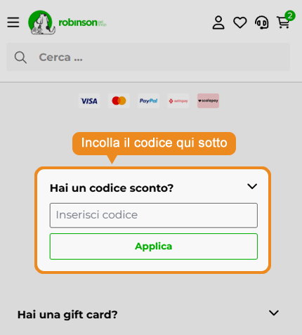 Dove inserire il codice sconto Robinson Pet Shop