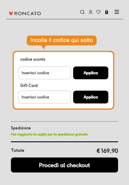 Dove inserire il codice sconto Roncato