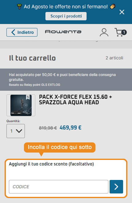 Dove inserire il codice sconto Rowenta