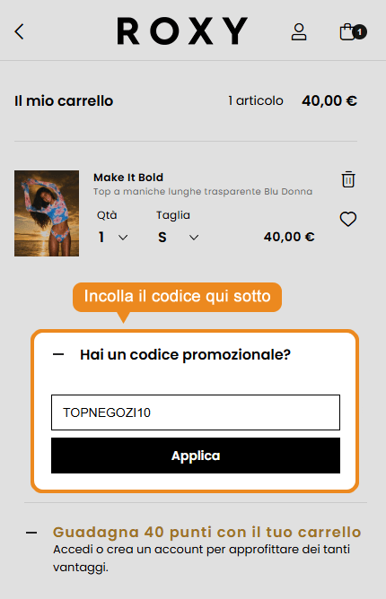 Dove inserire il codice sconto Roxy