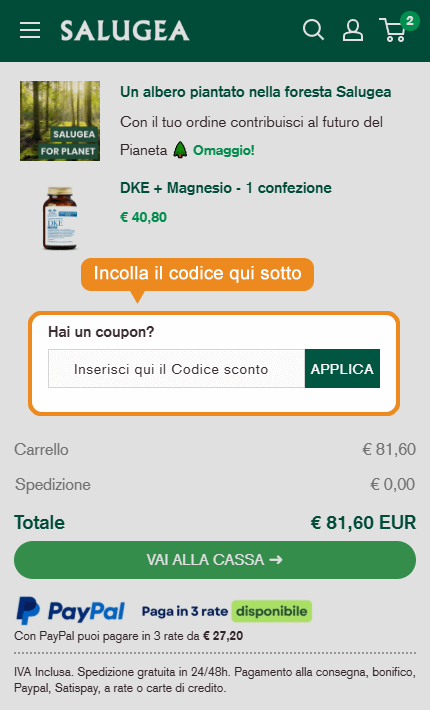 Dove inserire il codice sconto Salugea