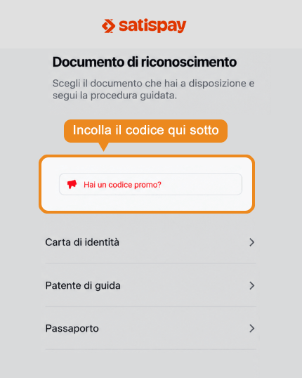 Dove inserire il codice sconto Satispay