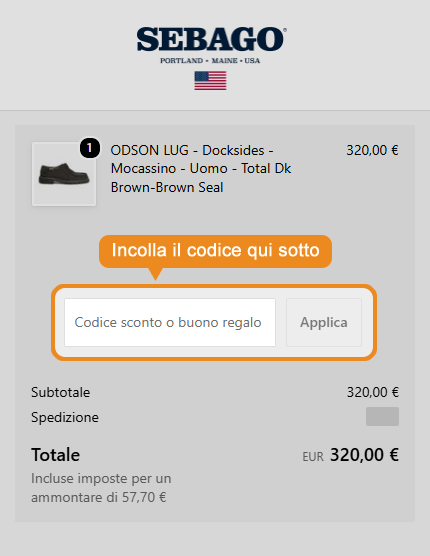 Dove inserire il codice sconto Sebago