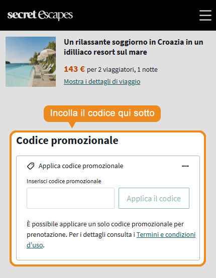 Dove inserire il codice sconto Secret Escapes