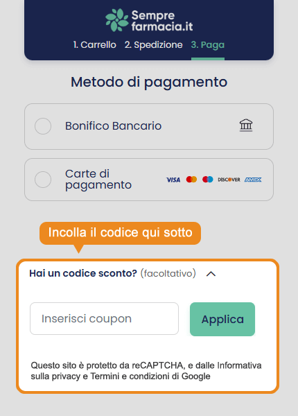 Dove inserire il codice sconto Semprefarmacia