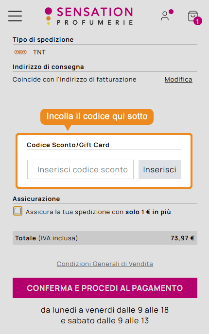 Dove inserire il codice sconto Sensation Profumerie