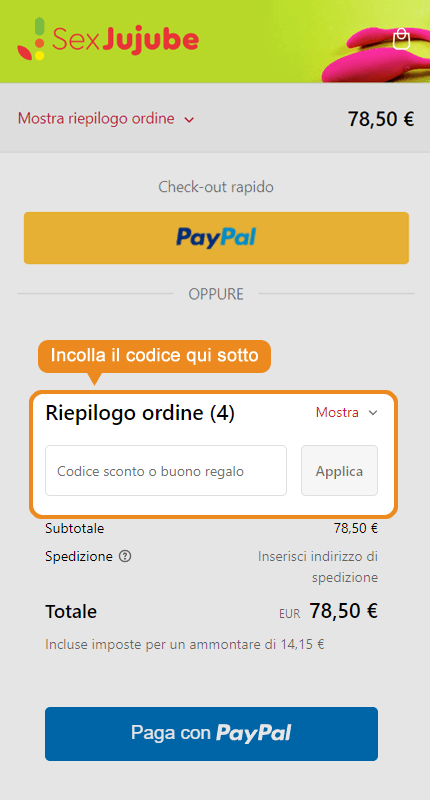 Dove inserire il codice sconto SexJujube