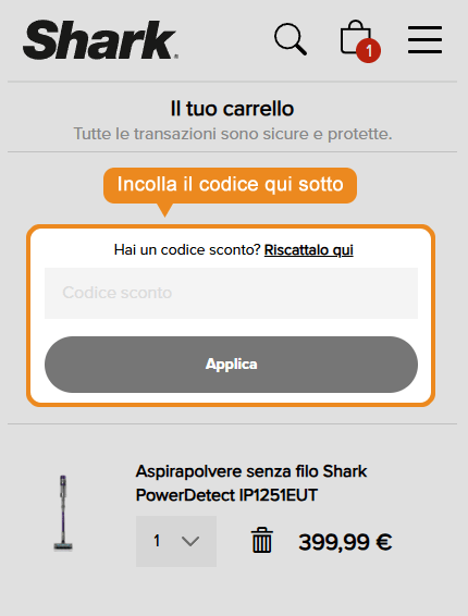 Dove inserire il codice sconto Shark