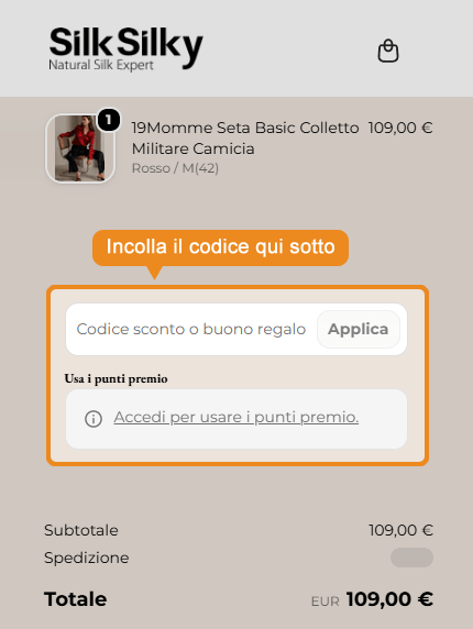 Dove inserire il codice sconto SilkSilky