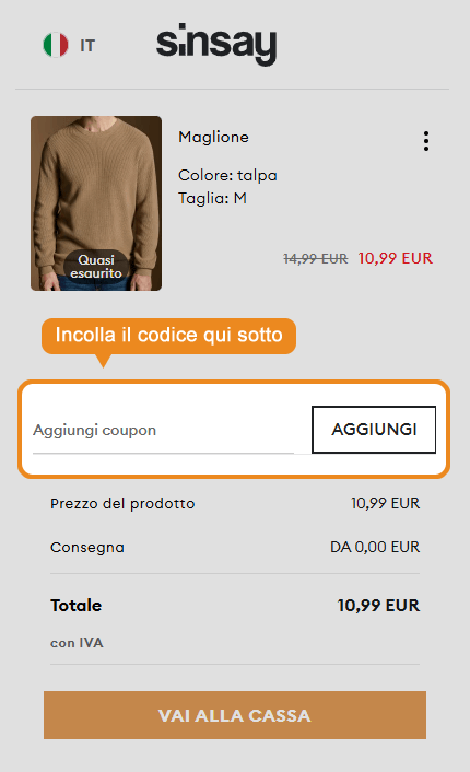 Dove inserire il codice sconto Sinsay