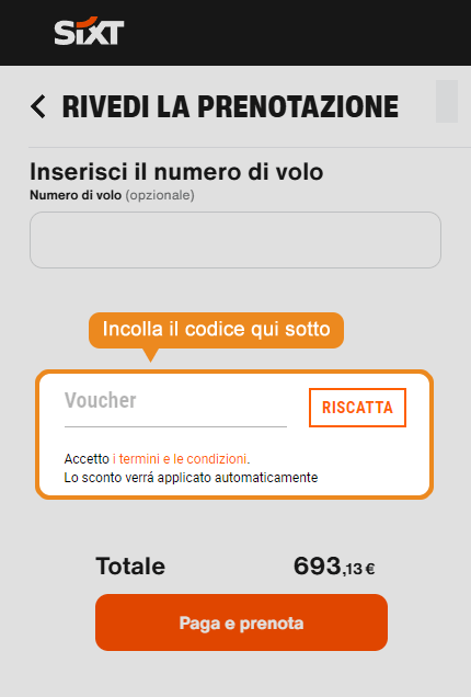 Dove inserire il codice sconto Sixt