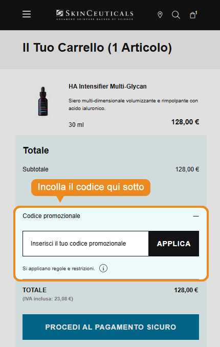 Dove inserire il codice sconto Skinceuticals