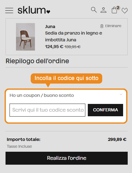 Dove inserire il codice sconto SKLUM
